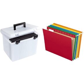 Pendaflex Portable File Box, Frosted White, Hinged Lid with Double Latch Closure, 3 Black Letter Size Hanging Folders Included (41745AMZ)