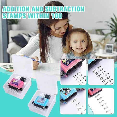 ختم تعليمي رقمي من FETNHU، طوابع تعليمية للأطفال، ختم إضافة وطرح قابل لإعادة الاستخدام، طوابع أسطوانية الضرب والقسمة، ضمن 100 سؤال لممارسة الرياضيات التعليمية (قطعتان-A) in Kuwait