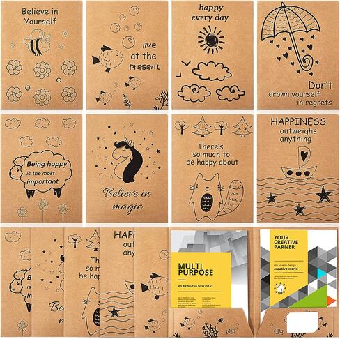 8 Pieces Cute 2 Pocket Folders Stay Put Folders Cartoons Pattern Kraft Paper File Folders Letter Size Brown Folders for Kids 100th Day of School Office Supplies (Pattern Style) in Saudi Arabia