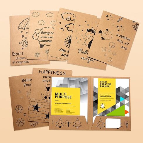 8 Pieces Cute 2 Pocket Folders Stay Put Folders Cartoons Pattern Kraft Paper File Folders Letter Size Brown Folders for Kids 100th Day of School Office Supplies (Pattern Style) in Saudi Arabia