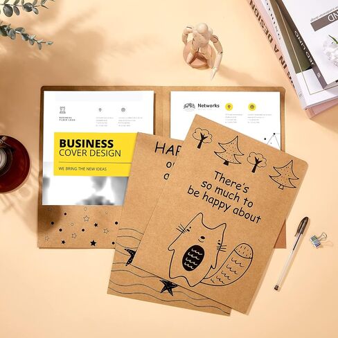 8 Pieces Cute 2 Pocket Folders Stay Put Folders Cartoons Pattern Kraft Paper File Folders Letter Size Brown Folders for Kids 100th Day of School Office Supplies (Pattern Style) in Saudi Arabia