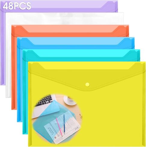 Rovepic 48 Pack Plastic Envelopes File Bag A4 Letter Size Translucent Color Premium Quality Clear Document Folders with Snap Closure for Student Teacher School Office Supplies 9.2 x 12.9 Inch in Saudi Arabia