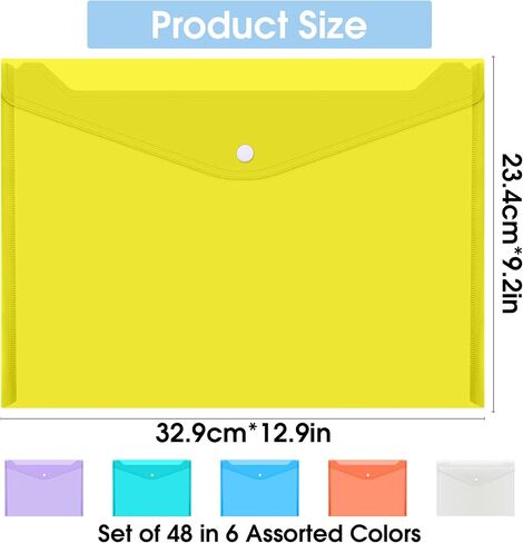 Rovepic 48 Pack Plastic Envelopes File Bag A4 Letter Size Translucent Color Premium Quality Clear Document Folders with Snap Closure for Student Teacher School Office Supplies 9.2 x 12.9 Inch in Saudi Arabia