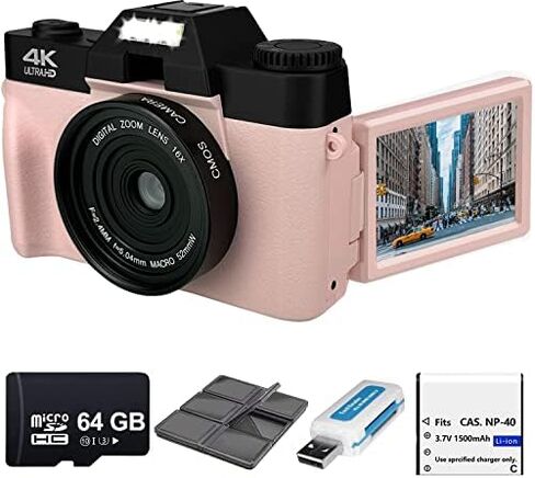 Acuvar 4K 56MP Digital Camera Kit for Photography, Vlogging Camera for YouTube with Flip Screen, WiFi, Wide Angle & Macro Lens, 64GB Micro SD Card, 50" Tripod, Case, Card Reader, Microphone, LED in Saudi Arabia