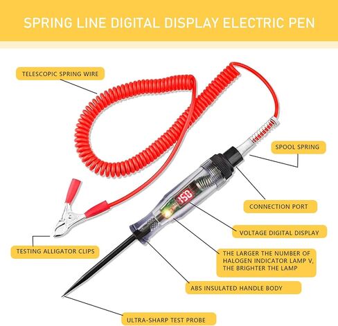 ZKFAR Pack-1 جهاز اختبار دائرة LED رقمي لإضاءة السيارات مع سلك زنبركي ممتد محمول، أداة إضاءة اختبار كهربائية DC 6V-12V-24V، قلم اختبار كهربائي للسيارة ثنائي الاتجاه (أحمر) in Saudi Arabia