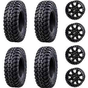 Tusk Racing Four 28x10-14 Tusk TERRABITE 8-Ply Radial UTV Tires mounted on Tusk CASCADE Wheels - For POLARIS applications - 4/156 bolt pattern - Includes Lug Nuts (4+3 Wheel Offset, Machined/Black)