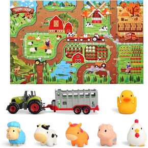 Oriate Farm Tractor Carrier with Cartoon Farm Animals and Playmat, 6 Pack Bath Squirter Silicone Rubber Farm Animal Toys, 47.2" x 31.5" Happy Farm Play mat, Birthday Gifts for Toddler Baby