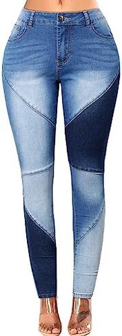 vanberfia Women Mid Waist Stretchy Patchwork Denim Pants Jeans… in Kuwait
