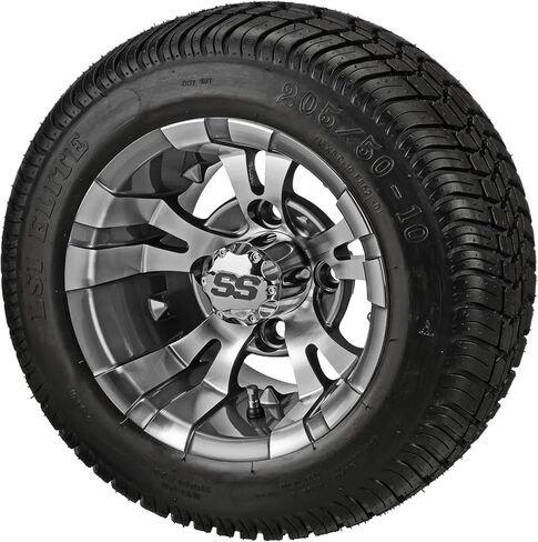 عربة RM مقاس 10 بوصات Warlock Gun Metal باللون الرمادي/مصنوعة على إطار 205/50-10 LSI Elite Low Pro (مجموعة من 4)، مجموعة إطارات وعجلات عربة الجولف، متينة وتناسب صواميل العروة القياسية in Kuwait