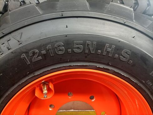 HORSESHOE 12-16.5 16PLY Super Heavy Duty Tire mounted on 16.5x9.75 Wheel 4" Offset 8x8" Bolt Orange w/Brass Valve Stem & Stem Protector 12x16.5 9.75x16.5 (2) in Kuwait