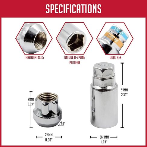 Wheel Accessories Parts M14 1.5 14x1.5 Thread Closed End Bulge 1.38" Long Locking Wheel Lug Nuts Lock Black Dual Hex Key 13/16" & 3/4" Fits 2015 + Mustang 2005 + Challenger Charger 300C 2011 + Camaro in Kuwait