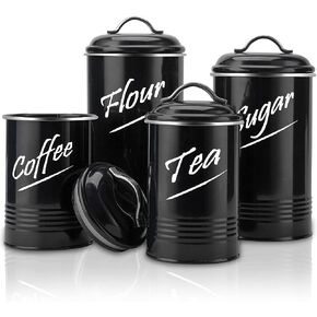 Canisters Sets for The Kitchen, Carbon Steel with Powder Coated Coffee Tea Sugar Flour Farmhouse Kitchen Canisters for Countertop Set of 4(Black)