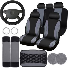 17 Pcs Car Seat Covers Full Set, Steering Wheel Cover Center Console Pad Armrest Cover Seat Safety Belt Pad Seatbelt Covers Cup Mats Car Emblem Ring Sticker Car Accessories Set (Black, Blue) in Kuwait