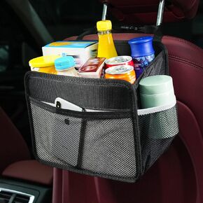 Car Back Seat Organizer Bag, Premium PU Leather Front-Backseat Car Organizer Storage Pocket, Ultra-Durable Foldable Multi-Function - Universal Hanging Car Seat Organizer Pouch for Kids Adults