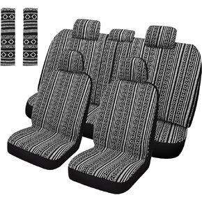 Baja Saddle Blanket Car Seat Covers Full Set with Seat Belt Pads, Washable Breathable Striped Woven Cloth Seat Covers for Cars, Universal Fit Most Cars, Airbag Compatible, Black/White in Kuwait