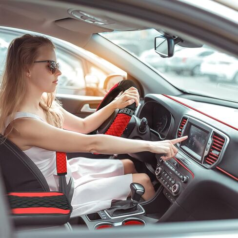 مجموعة إكسسوارات السيارة بلينغ 43 قطعة للنساء المقاعد الأمامية والمقعد الخلفي من البوليستر واقيات مقاعد السيارة غطاء عجلة القيادة مقعد السيارة الحصير كامل الكريستال ديكور داخلي للسيارات (أرجواني وأسود) in Kuwait
