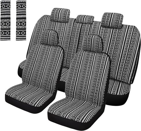 Baja Saddle Blanket Car Seat Covers Full Set with Seat Belt Pads, Washable Breathable Striped Woven Cloth Seat Covers for Cars, Universal Fit Most Cars, Airbag Compatible, Black/White in Kuwait