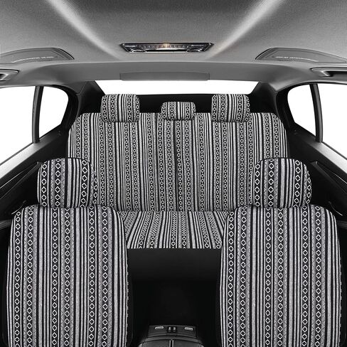 Baja Saddle Blanket Car Seat Covers Full Set with Seat Belt Pads, Washable Breathable Striped Woven Cloth Seat Covers for Cars, Universal Fit Most Cars, Airbag Compatible, Black/White in Kuwait