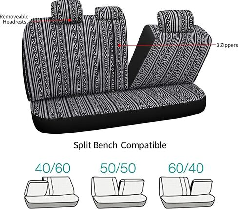 Baja Saddle Blanket Car Seat Covers Full Set with Seat Belt Pads, Washable Breathable Striped Woven Cloth Seat Covers for Cars, Universal Fit Most Cars, Airbag Compatible, Black/White in Kuwait