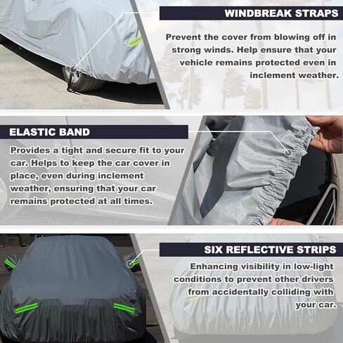 غطاء سيارة مقاوم للماء في جميع الاحوال الجوية والثلج والرياح والخدش للحماية من الاشعة فوق البنفسجية في الهواء الطلق مع 6 شرائط عاكسة، مقاس عالمي لسيارة سيدان (حتى 193 انش) in Kuwait