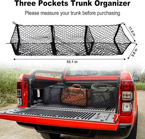 ترقية منظم سرير صندوق السيارة لسيارات Ford/Dodge/GMC/Chevy Silverado/Toyota/Nissan/Honda/Lincoln وPickup Truck، شبكة تخزين شبكية أطول بطول 59 بوصة، شبكة شحن شديدة التحمل مع 3 جيوب قابلة للفصل in Kuwait