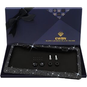 Bling Rhinestone License Plate Frame for Women，Diamond Sparkly Frames| Stainless Steel Frames & Over 1200 pcs Finest 14 Facets Black Glass Crystals Premium Diamond+GiftBox(Black)