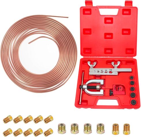 ANSIKE 3/16 خط الفرامل 25 قدم لفة أنبوب مرنة مطلية بالنحاس + مجموعة أدوات حرق خط الفرامل مجموعة أدوات خط الفرامل المفردة والمزدوجة مع 16 تركيبًا in Kuwait