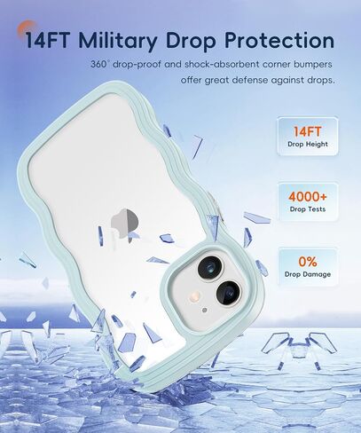 for iPhone 11 Case 6.1 Inch, with 2X Screen Protector + 2X Camera Lens Protector, Clear Wave Curved Design Soft TPU + Hard Frame Shockproof Protective Phone Case Cover for Women, Blue in Kuwait