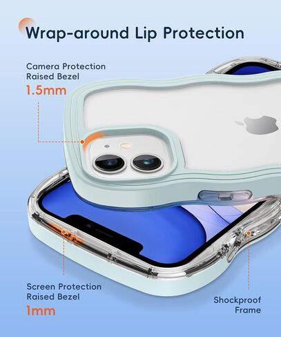 for iPhone 11 Case 6.1 Inch, with 2X Screen Protector + 2X Camera Lens Protector, Clear Wave Curved Design Soft TPU + Hard Frame Shockproof Protective Phone Case Cover for Women, Blue in Kuwait