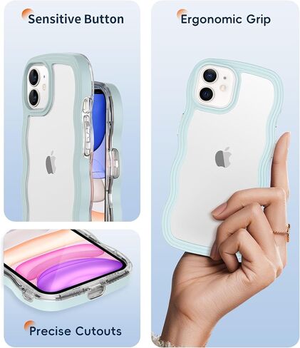 for iPhone 11 Case 6.1 Inch, with 2X Screen Protector + 2X Camera Lens Protector, Clear Wave Curved Design Soft TPU + Hard Frame Shockproof Protective Phone Case Cover for Women, Blue in Kuwait