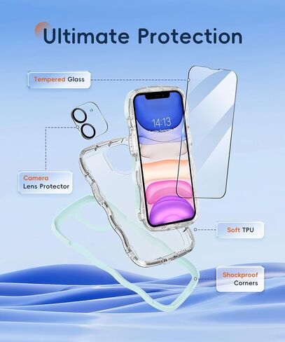 for iPhone 11 Case 6.1 Inch, with 2X Screen Protector + 2X Camera Lens Protector, Clear Wave Curved Design Soft TPU + Hard Frame Shockproof Protective Phone Case Cover for Women, Blue in Kuwait