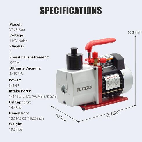 مضخة تفريغ AUTOGEN بمرحلتين 12CFM، 1/2HP 0.2Pa 110V مضخة تفريغ هواء لـ R12 R22 R134a R410a، مضخة فراغ دوارة دوارة لإعادة شحن مبرد HVAC/AUTO AC، وتفريغ النبيذ، وحلب البقر in Kuwait