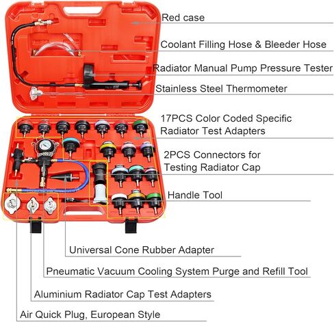 Radiator Pressure Tester Coolant Vacuum Refill Kit 28PCS Automotive Cooling System Leak Test Pneumatic Water Tank Purge Fill Tool Set with Gauge Adapter Cap Universal for Auto Car Airlift in Kuwait