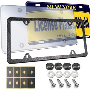 License Plate Cover Frame Combo- Carbon Fiber License Plate Frame and Flat Clear Cover, Novelty Unbreakable Car Tag Protector for US Plate, with Rust Resistant Screws Caps, Rattle Proof Pads
