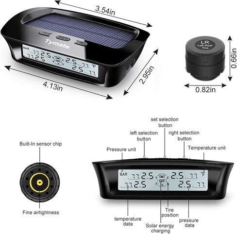 تايميت نظام مراقبة ضغط الاطارات - شحن شمسي، 5 اوضاع انذار، وضع النوم التلقائي، تبادل وضع الاطارات، 4 مستشعرات TPMS (0-87 باوند لكل انش مربع) استهلاك منخفض للطاقة ومستشعر عمر عمل طويل in Kuwait