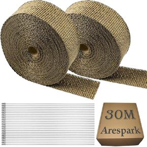 Arespark Titanium Exhaust Heat Wrap, 2 Roll 2'' x 50'' Thermal Heat Tape with 24pcs Stainless Steel Cable Ties, Basalt Fiber Heat Shield Tape for Motorcycles Cars
