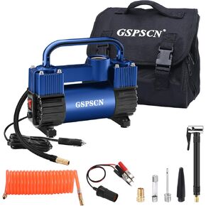 GSPSCN Tire Inflator Heavy Duty Double Cylinders, Portable Metal DC 12V Air Compressor - Car Accessories, 150PSI Tire Pump with Adapter for Car, Truck, SUV Tires, Dinghy, Air Bed etc (Titanium) in Kuwait