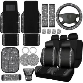 Funtery Bling Car Seat Covers and Accessories Set Rhinestone Diamond Car Decorative Accessories Glitter Seat Covers Car Floor Mats Steering Wheel Cover, Fit for Most Car (Silver,Full Set) in Saudi Arabia