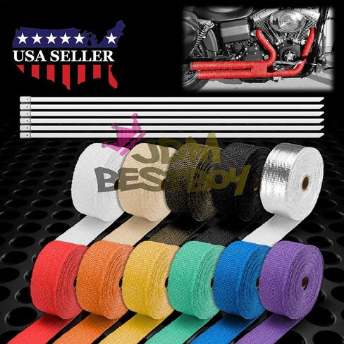Beige Exhaust Pipe Insulation Thermal Heat Wrap 2" x 50' Car Motorcycle Header Protection Fiberglass Heat Shield 6X Stainless Ties in Kuwait