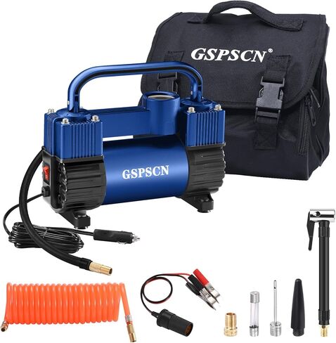 GSPSCN Tire Inflator Heavy Duty Double Cylinders, Portable Metal DC 12V Air Compressor - Car Accessories, 150PSI Tire Pump with Adapter for Car, Truck, SUV Tires, Dinghy, Air Bed etc (Titanium) in Kuwait
