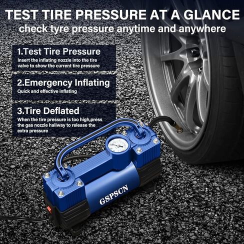 GSPSCN Tire Inflator Heavy Duty Double Cylinders, Portable Metal DC 12V Air Compressor - Car Accessories, 150PSI Tire Pump with Adapter for Car, Truck, SUV Tires, Dinghy, Air Bed etc (Titanium) in Kuwait
