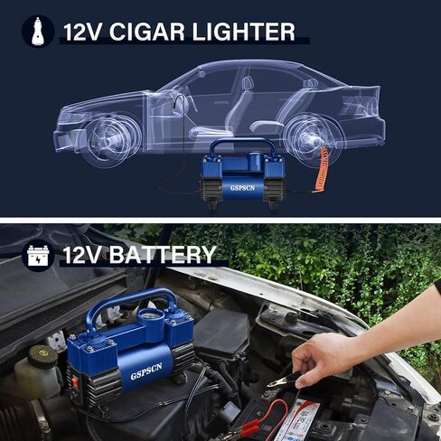 GSPSCN Tire Inflator Heavy Duty Double Cylinders, Portable Metal DC 12V Air Compressor - Car Accessories, 150PSI Tire Pump with Adapter for Car, Truck, SUV Tires, Dinghy, Air Bed etc (Titanium) in Kuwait