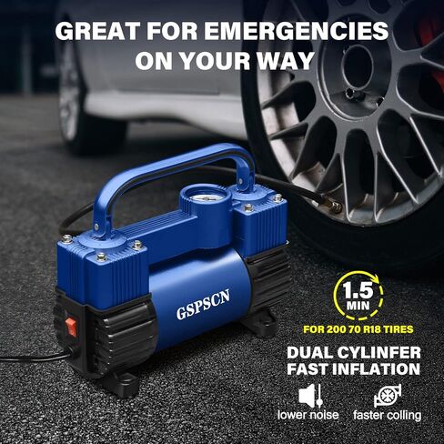 GSPSCN Tire Inflator Heavy Duty Double Cylinders, Portable Metal DC 12V Air Compressor - Car Accessories, 150PSI Tire Pump with Adapter for Car, Truck, SUV Tires, Dinghy, Air Bed etc (Titanium) in Kuwait