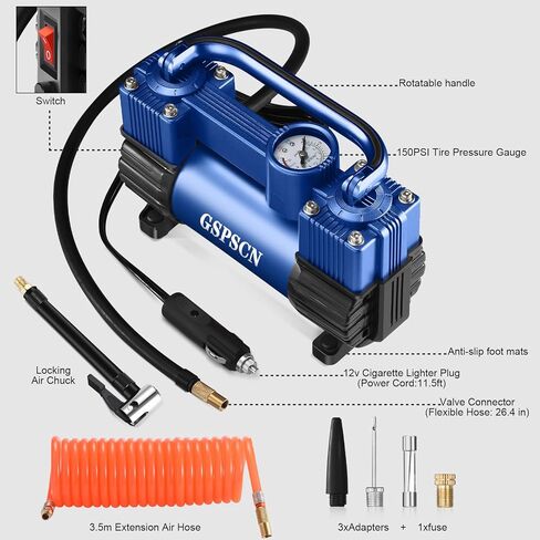 GSPSCN Tire Inflator Heavy Duty Double Cylinders, Portable Metal DC 12V Air Compressor - Car Accessories, 150PSI Tire Pump with Adapter for Car, Truck, SUV Tires, Dinghy, Air Bed etc (Titanium) in Kuwait