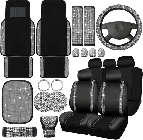 Funtery Bling Car Seat Covers and Accessories Set Rhinestone Diamond Car Decorative Accessories Glitter Seat Covers Car Floor Mats Steering Wheel Cover, Fit for Most Car (Silver,Full Set) in Saudi Arabia