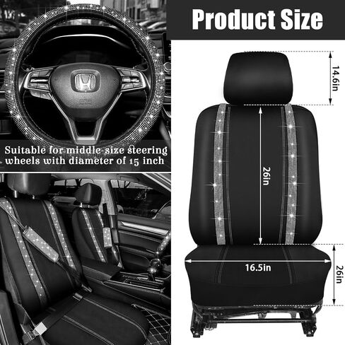 Funtery Bling Car Seat Covers and Accessories Set Rhinestone Diamond Car Decorative Accessories Glitter Seat Covers Car Floor Mats Steering Wheel Cover, Fit for Most Car (Silver,Full Set) in Saudi Arabia
