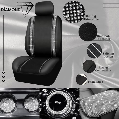 Funtery Bling Car Seat Covers and Accessories Set Rhinestone Diamond Car Decorative Accessories Glitter Seat Covers Car Floor Mats Steering Wheel Cover, Fit for Most Car (Silver,Full Set) in Saudi Arabia