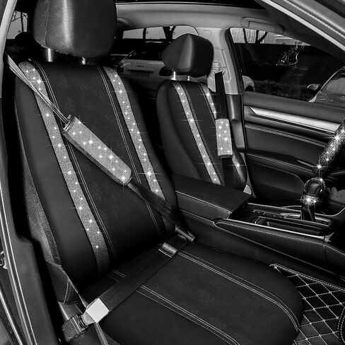 Funtery Bling Car Seat Covers and Accessories Set Rhinestone Diamond Car Decorative Accessories Glitter Seat Covers Car Floor Mats Steering Wheel Cover, Fit for Most Car (Silver,Full Set) in Saudi Arabia