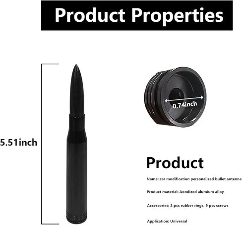 Car Bullet Antenna, Vehicle Replacement Short Antenna Mast, Heavy Dust Aluminum Auto Decoration Antenna Toppers with Converter, Universal Car Exterior Decor Accessories (Black) in Kuwait