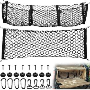 Automotive Cargo Net Stretchable and 3 Pocket Trunk Net Organizer Black Car Interior Accessories Cargo Storage Mesh Net Truck Bed Grocery Holder with Hooks Screws Buttonholes (35.4 x 15.7 inches)